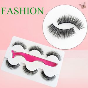 3 Pairs 3D Handmade Natural Thick Makeup False Eyelash With Tweezer Set Long Lasting Fake Eyelashes Extension Cross