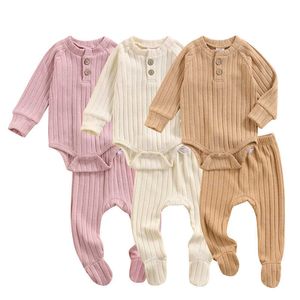 Pudcoco 0-18m 2pcs nyfödda spädbarn baby pojke flicka casual kläder set solid rund krage långärmad romer och byxor outfit g1023