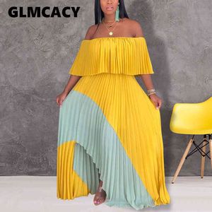 Kvinnor Slash Neck Pleated Maxi Klänning Sommar Av Skulder Sexig Party Klänning Elegant Formell Kvällsklänning Klänningar Vestidos X0521