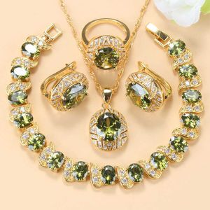 African Women Accessories Gold Color Bracelet Sets Olive Green Zirconia Clip Earrings Necklace And Ring Bridal Jewelry Sets H1022