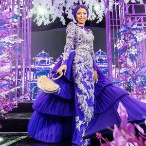 Stunining Purple Arabic Dubai Evening Dresses Ruffles Layered Detachable Train Celebrity Gown Saudi Arabia Special Ocn Dress