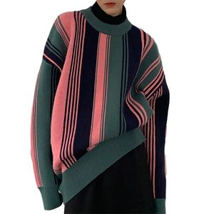 Женский полосатый свитер контрастность шить лоскутное уплотнительное шеи с длинными рукавами.
