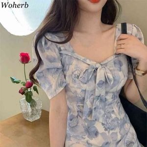 Vintage Oil Painting Dress Women Summer Square Collar Bow Short Sleeve Mini Dresses High Waist A-Line Vestidos Mujer 210519