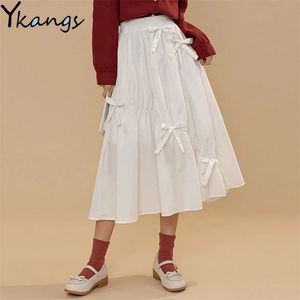 Белый kawaii лук длинные плиссированные юбки женщины черная эластичная высокая талия a-line midi юбка летом harajuku saia эстетический для девушек 210421