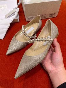 Wholesale beautiful golden dresses resale online - Luxury Designer Baily Golden Glitter Sandals Flats Crystal Pearl Strap Pointed Toe Ballerinas Shoes Party Wedding Dress Beautiful Lady Walking EU35