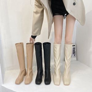 Neuer Winterstil mit Fleece, mittlerer klobiger Absatz, Ritterstiefel, Damen-hohe Röhre, dünner aussehender Shorty, lange Stiefel, blau-weiß gestreift, Sandalen, Denim, flache Slipprs, Weiß