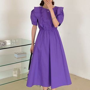 Mulheres roxo elegante baile plissado ruffles bordas de cinto vestido de shirring o-pescoço de manga de sopro folhada de moda solta verão 16w915 210510