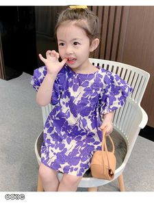 Children's short-sleeved French dress 2021 spring and summer foreign style girls purple flowers puff sleeve white dress factory Q0716