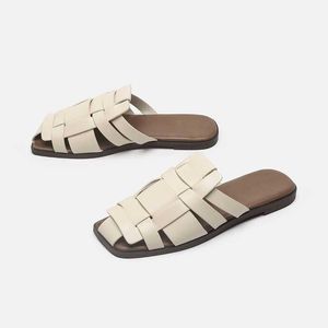 Meotina Gladiator Tofflor Skor Kvinnor Flat Sandaler Smalband Skivor Kvadrat Toe Lady Footwear Sommar Black Beige Fashion 210608