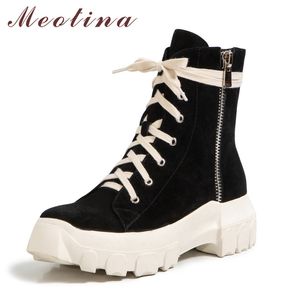 Meotina Kid Suede Platform Flat Short Boots Kvinnor Skor Real Leather Flats Zip Lace Up Warm Lady Ankel Boots Vinter Black 40 210520