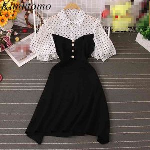 Kimutomo Vintage Dot Dress Women Korean Summer Patchwork Fake Two Piece Butterfly Sleeve Slim Mini Robe Elegant 210521