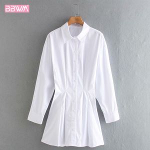 Branco lapela simples manga comprida único breasted chic vestido coreano estilo fresco moda mulheres vestidos 210507