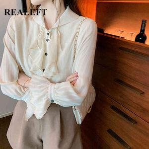 Spring Summer Women's Blouse Elegant Ruffles Front Shirts Solid Color Long Sleeve Vintage Chiffon Tops 210428