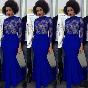 Afryki Royal Blue Długie Rękawy Suknie Wieczorowe Syrenki Nigerii Koronki Style Elegancki wysoki kołnierz Illusion Bodice Plus Size Prom Party Suknie