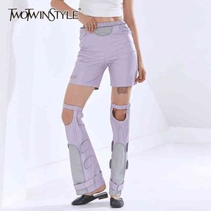 Twotwinstyle streetwear escavar calças para mulheres cintura alta casual retalhos largamente perna calças feminino moda roupas 210517