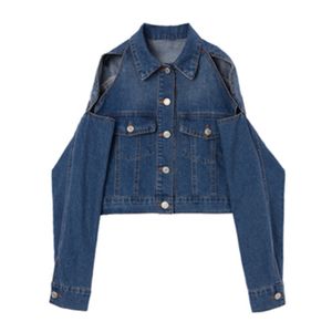 Botão de jaqueta de denim azul mangas compridas desligam colarinho casacos curtos strapless c0527 210514