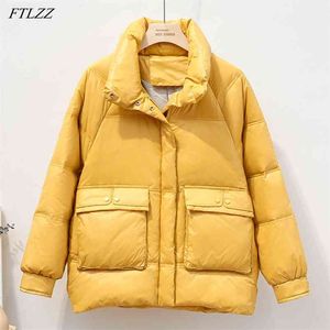 Winter Women Stand Collar 90% White Duck Down Short Parkas Casual Kobiet Duża Kieszeń Loose Ciepły Snow Coat 210430