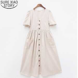 Women Summer Vintage Cotton and Linen V-neck Solid Single Breasted Short Sleeve Pocket High Waist Maxi Long Dress 9966 210417