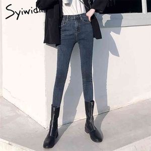 Szary dżinsy Kobieta Wysoka talia Kobiety Skinny Moda Koreański Płukanki Powlekane Dżinsowe Spodnie Ołówek Stretch Jean Black Plus Rozmiar 210809