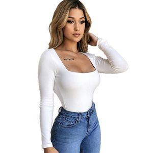 Uzun Kollu Kare Boyun T Gömlek Seksi Ince Kadın Sonbahar Bahar Katı T-shirt Temel Bodycon Siyah Beyaz Tee Top 210507