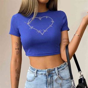 Diamant hjärta mönster Y2K Crop Tops för tjejer kvinnliga t-shirts med kortärmad sommar kawaii o-hals casual tee shirt 210510