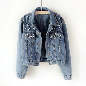 Women's Jackets 2021 Autumn Pearl Beading Crop Denim Women Casual Jeans Bomber Jacket Long Sleeve Coat Plus Size Outwear ED