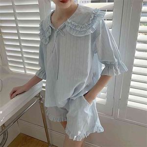 夏の女性のロリータプリンセスパジャマセット。トップ+ショートパンツ。ビンテージレディースガールズダウンカラーPajamas set.Sleepwear Loungewear 210809