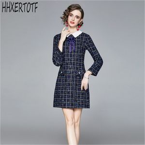 Höstfjäderbanan Tweed Kvinnor Vintageull Klänning Elegant Långärmad Woolen Klänningar Vestidos 210531