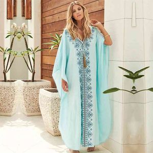 Broderi Bomullstrand Kaftan Cover Up Saida de Praia Baddräkt Bikini Cover Tunics för Pareo Sarong Wear # Q576 210420