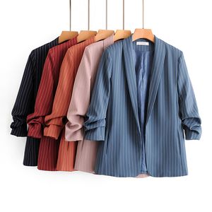 Vintage women striped blazer suit office ladies elegant ruched sleeve cardigan s female fashion jackets girlc chic 210427