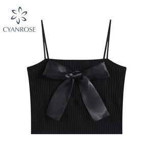 Mulher sexy Black Spaghetti Strap Strapless Top Verão Elegante Goth Goth Bow Camisole Clubwear Night Party Bar Y2K Tank 210515