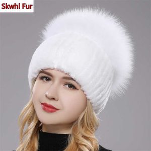 Ryssland Stil Kvinnor Real Äkta Fur Beanies Hat Girls Natural Rex Kanin Skullies Cap Sticka Vinterhattar 211119
