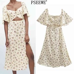 Floral Print Midi Dress Women Cottagecore V Neck Short Sleeve Summer Long es Ladies Chic Waist Cut Out Sexy 210519