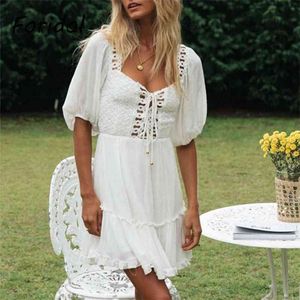 Foridol elegante oco laço branco vestido de renda lace up mini verão vestido de sol praia vestidos casual vestidos mujer 210415