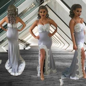 Abito da sera da donna in pizzo di Aplique per abiti da festa Sexy Grey Prom Dresses Mermaid Spaghetti Abito lungo