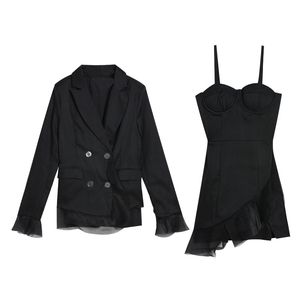 Women Elegant Slim Two-Piece Set Suspender Spliced Mesh Asymmetrical Short Dress Ruffles Double Breasted Blazer T3039 210514