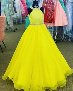 Bright Yellow Pageant Dresses for Infant Toddlers Teens 2022 Beading Neck ritzee roise A-Line Chiffon Long Little Girl Formal Part318I