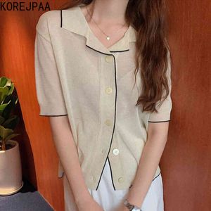 Women Top Korea Chic Summer Casual Wild Lapel Contrast Single-breasted Thin Micro-transparent Sweater Tops 210514