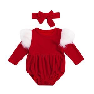 Rompers Lioraitiin 0-24m Född spädbarn Babyflickor 2st Fall Outfits Christmas Faux Fur Ruffle Trim Långärmad Romper med huvudband