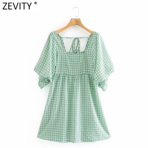 Women vintage square collar plaid print casual vestidos ladies pleats back lace up slim kimono Dresses DS4287 210420