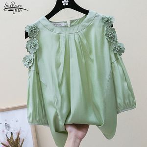 Spring and Summer Korean Loose Slim Fit Women Tops Off Shoulder Flower Embellishment Solid Chiffon Blouse 9531 210427