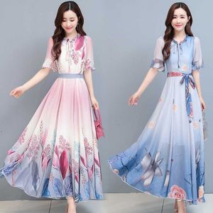 summer fashion women O Collar short sleeve Flower Printed Chiffon Long Dress 210531