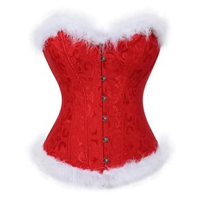 Bustier Corsetti Cinghie sexy Zipper Overbust Corsetto Bustier Lingerie Top Donna White Feather Burlesque Lace Up Christmas Santa Costume