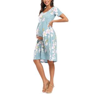 Women's Floral Short Sleeve Loose Maternity Dresses Pregnancy Clothes Summer Casual Soft Waist Pleated Print Knee Length Dress Q0713