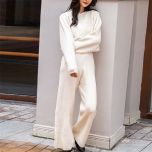 Knitted Two Piece Set Cashmere Wool Soft Comfortable Tracksuit Women Casual Loose Crop Top Short Sweater + Wide Leg Pants Sets 210514