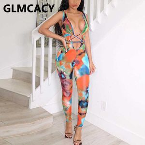 Kobiety Tie Dye Drukowane Plunge V-Neck Bez Rękawów Bodycon Skinny Kombinezony 210702