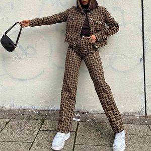 Streetwear Houndstooth Print Hosen Frauen Mode Neue Trend Hohe Taille Lange Gerade Hosen Harajuku Weibliche Jogginghose 210415