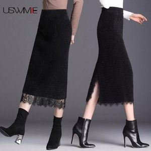 Зимние юбки женская модная уличная одежда сгущенная сплошная цветовая комфорт Слим черный вязаный карандаш сексуальная юбка