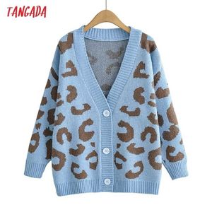 Tangada Mulheres Elegante Leopardo Loose Cardigan Jumper Vintage Oversized ZL84 211011