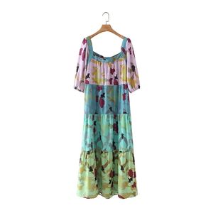 Summer Women Digital Printing Splicing Tiered Dress Female Puff Sleeve Clothes Casual Lady Loose Vestido D7783 210430